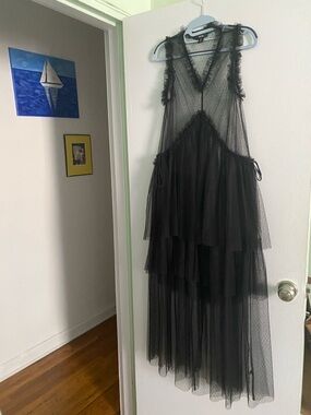 REVEL MAXI LACE LAYERED EVENING SEE THRU DRESS, SIZE L, NEW